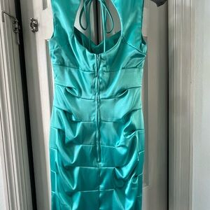 Brilliant teal satin mini dress.